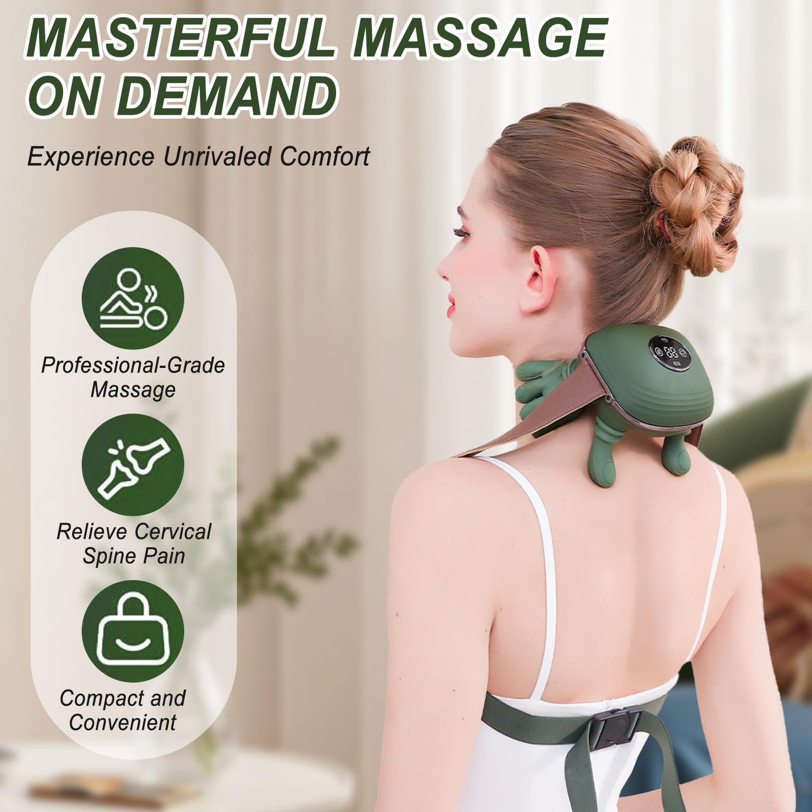 Masseur Cervical à Main Bionique, 4D Massage Cervicales et Cou avec 3 Réglages de Massage & 2 Réglages de Chaleur, Appareil de Massage Cervical Chauffant pour Soulage Douleurs et Fatigue (Vert)