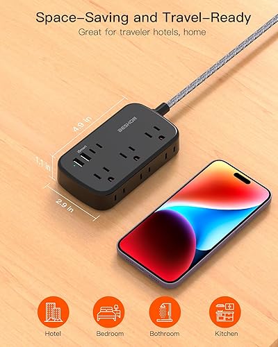 Miniatura 6 de Cable de extensión de 15 pies, cable de extensión largo, regleta de alimentación de enchufe plano con USB C, 6 salidas con 4 puertos USB (2 salidas