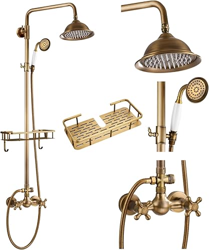 Miniatura 15 de gotonovo Sistema de ducha de latón antiguo, cabezal de ducha de lluvia de 8 pulgadas, rociador de mano, doble mango cruzado, grifo de ducha de baño