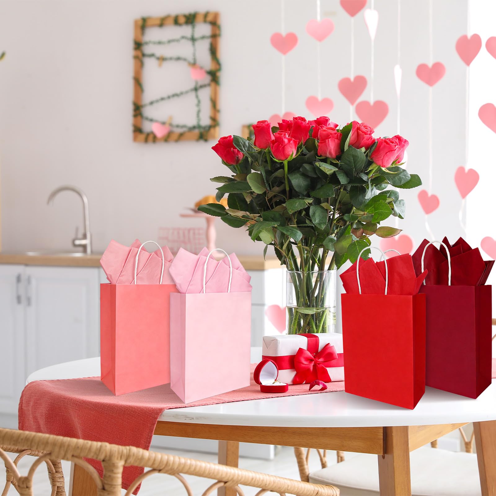 Whaline 24 Pcs Valentine's Day Gift Bags Valentines Kraft Paper Bags with Tissue Paper Gradient Red Pink Party Favor Bag Treat Goodie Bag for Anniversary Wedding Gift Giving Classroom Exchange Prizes