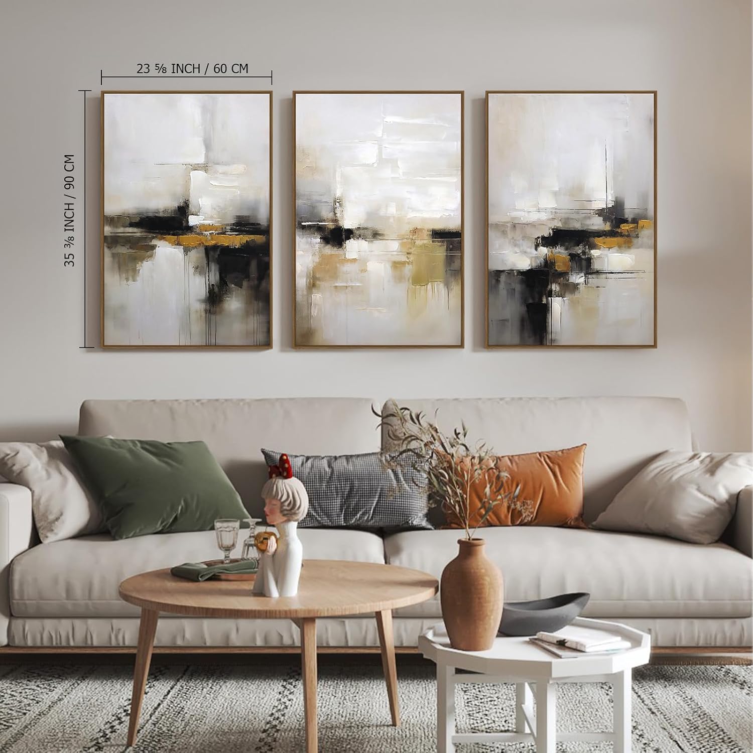 Neutral Abstract Wall Decor Mid Century Modern Framed Wall Art, Black and Brown Grunge Wabi Sabi Art Print Canvas Set for Home Office Living Room Bedroom, 3 Panels, 24x36 Inch, Ready to Hang - Image 2