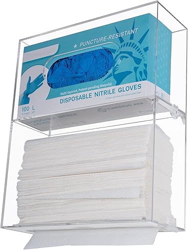 Soporte de pared para guantera y dispensador de toallas de papel, soporte de acrílico transparente para toallas de mano con tapa, adecuado para