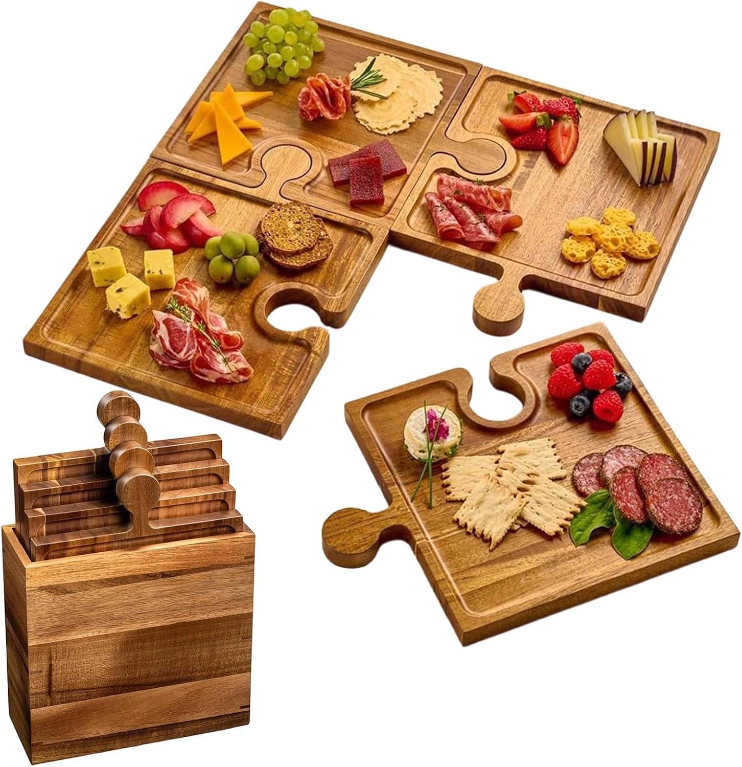 Puzzle-Shaped Platter Charcuterie Tray - Food Server, Quadruple Beech Base for Table Display, Blocks with Natural Grain, Tableware, Flat Plates for Cracker, Meat and Fruit Spread
