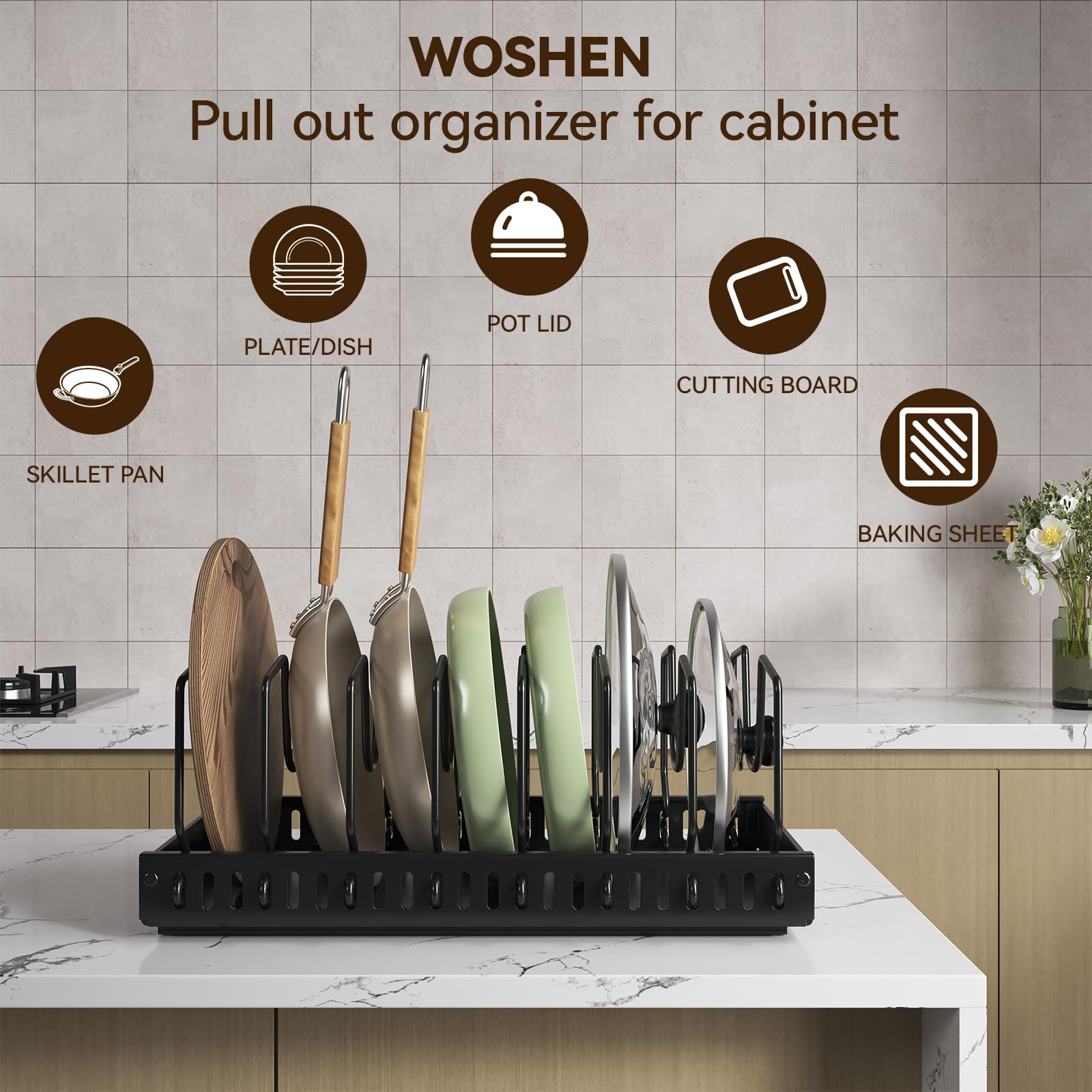 Organizador de tapas de ollas, organizador de ollas y sartenes extraíbles, soporte para tapa de ollas debajo del gabinete para cocina, almacenamiento de ollas y sartenes con 8 separadores ajustables