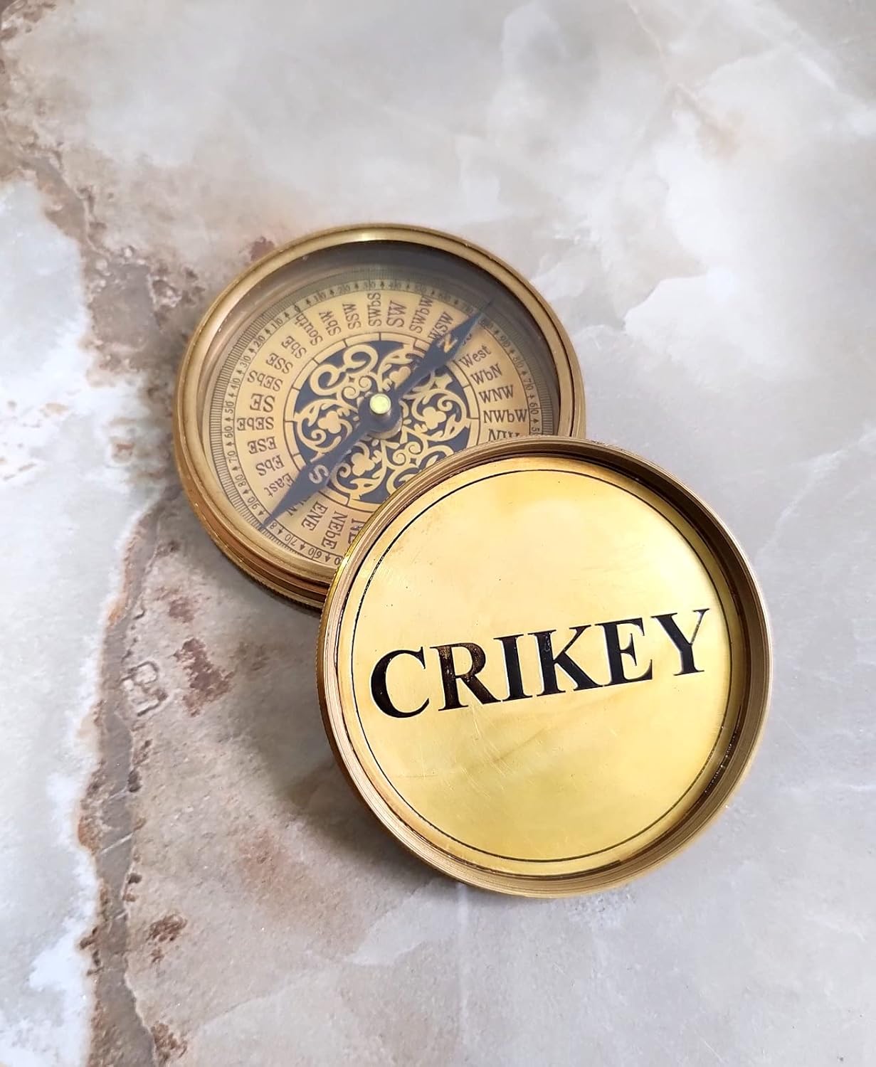 Crikey Brass Vintage Compass with Decorative Face, Gold, Antique Style Navigation Instrument, Collectible Maritime Decor