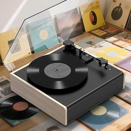 Miniatura 8 de Tocadiscos de vinilo Bluetooth inalámbrico con altavoces integrados y 3 velocidades con correa de 3 velocidades con cartucho magnético, salida RCA,