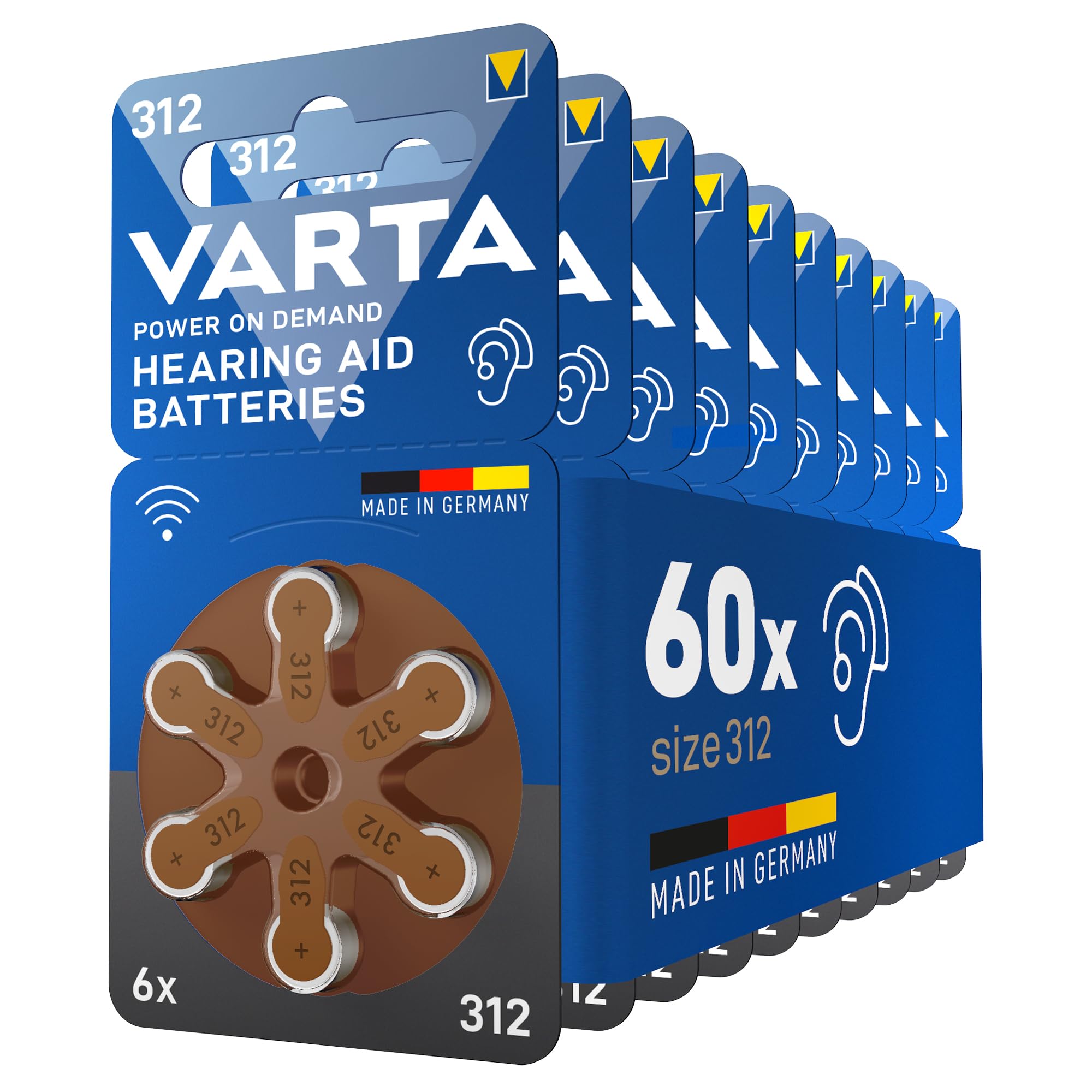 VARTA Hörgerätebatterien Typ 312 braun, 60 Stück Vorratspack, 1,45 V