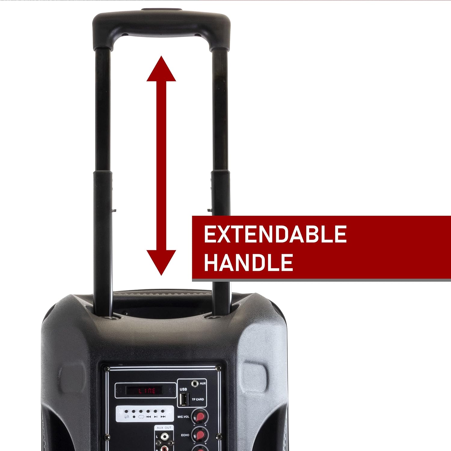 Close-up of the extendable handle on the top rear of the speaker.