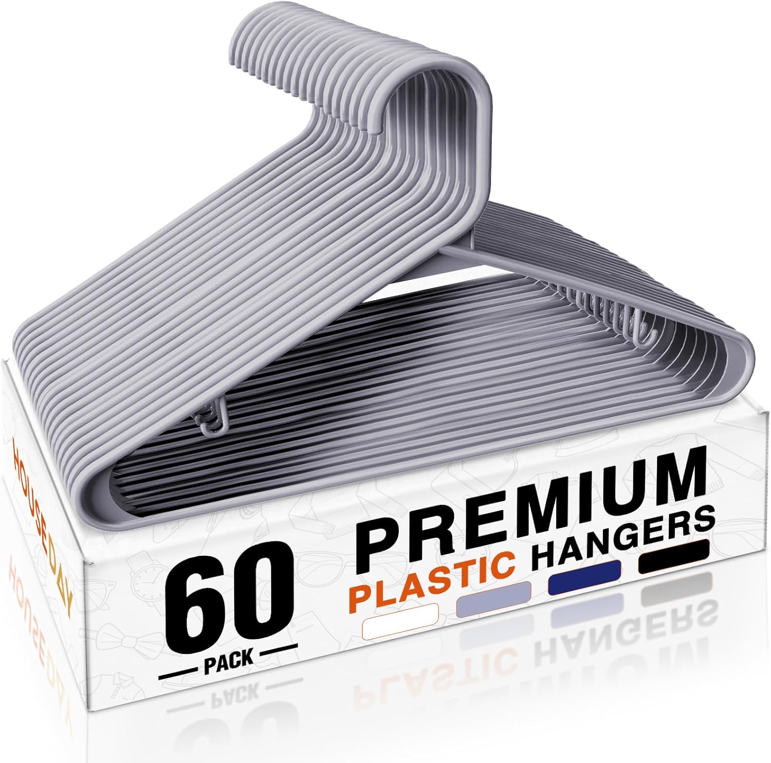 HOUSE DAY Grey Plastic Hangers 60 Pack, Non-Slip Plastic Hanger with Dual Hooks - Slim Space Saving 1/4" Thin Closet Organizers for Coats, Shirts, Pants & Dresses - Lightweight Garment Friendly 60 Pack Gray