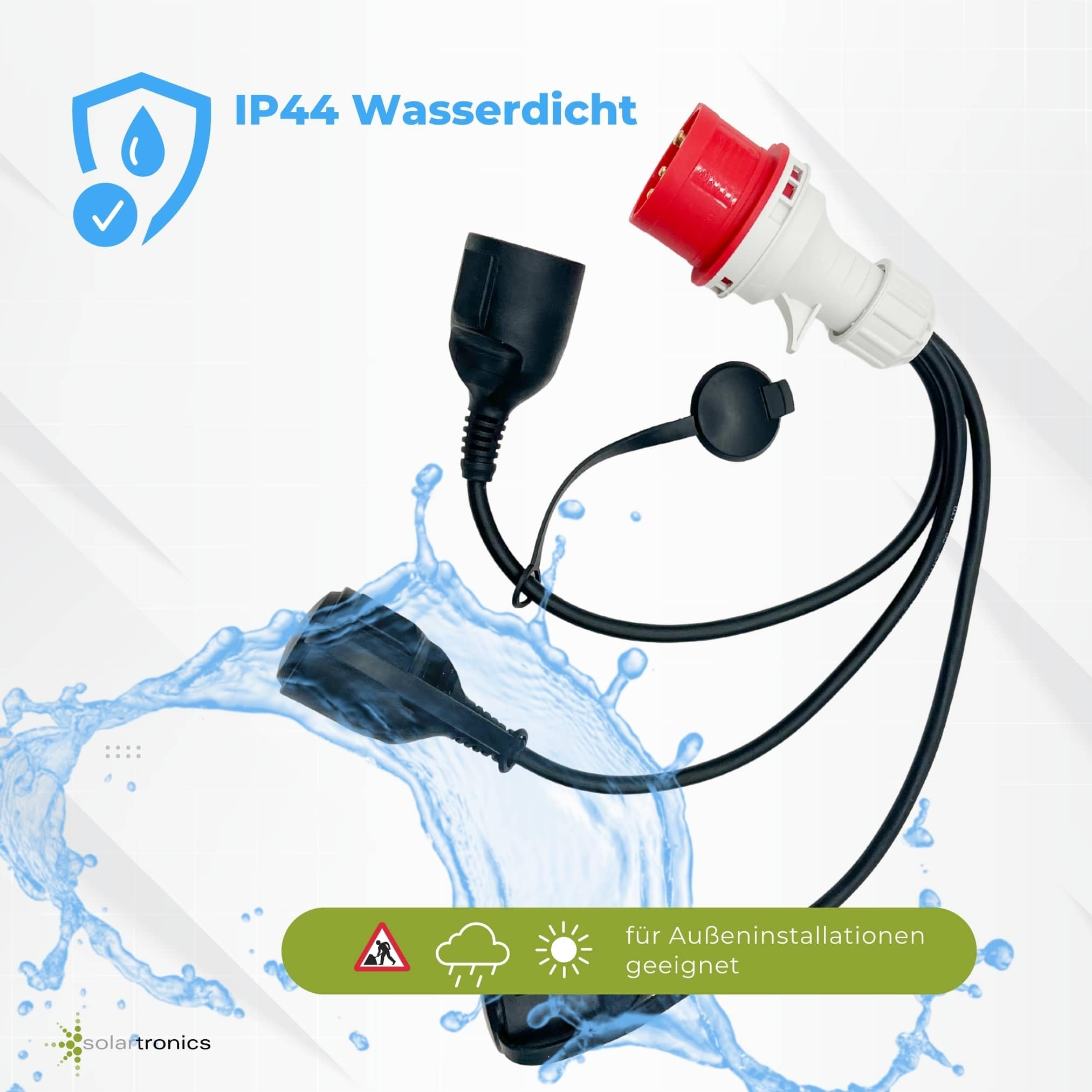 SOLARTRONICS CEE Adapter 400V Stecker 16A auf 3X Schuko Kupplung – Stromverteiler 230V Steckdosen Verlängerung Baustrom