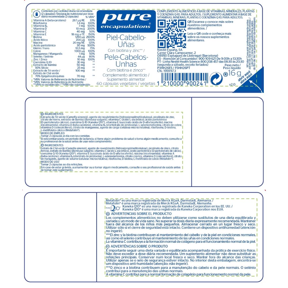 PURE ENCAPSULATIONS Piel Cabello Uñas, Con Biotina y Zinc, Mantiene la Piel, Cabello y Uñas en Condiciones Normales, 60 Cápsulas Vegetales