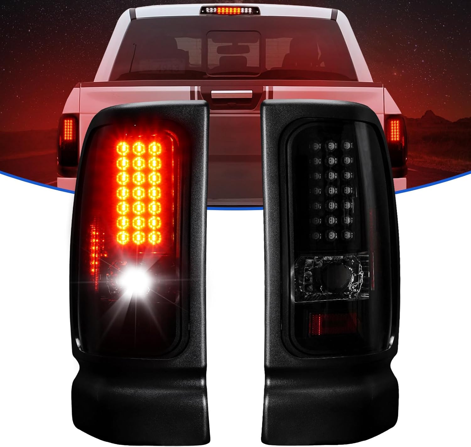 LED Tail Light for Dodge Ram 1500 1994-2001, for Dodge 2500 3500 1994-2002, Rear Brake Lamp Taillight Assembly, Black Housing Smoke Lens