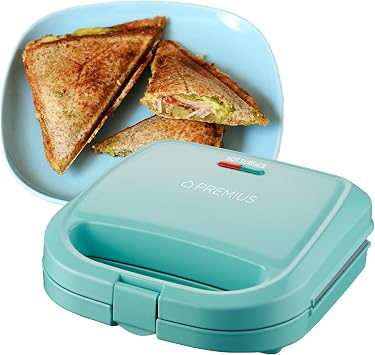 Ceramic NonStick Double Slice Sandwich Maker, Indicator Lights, Cool Touch Handle, Great for Grilled Cheese, French Toast, Tuna Melt, Egg & Cheese and Pancake Sandwich, Easy Clean Turquoise