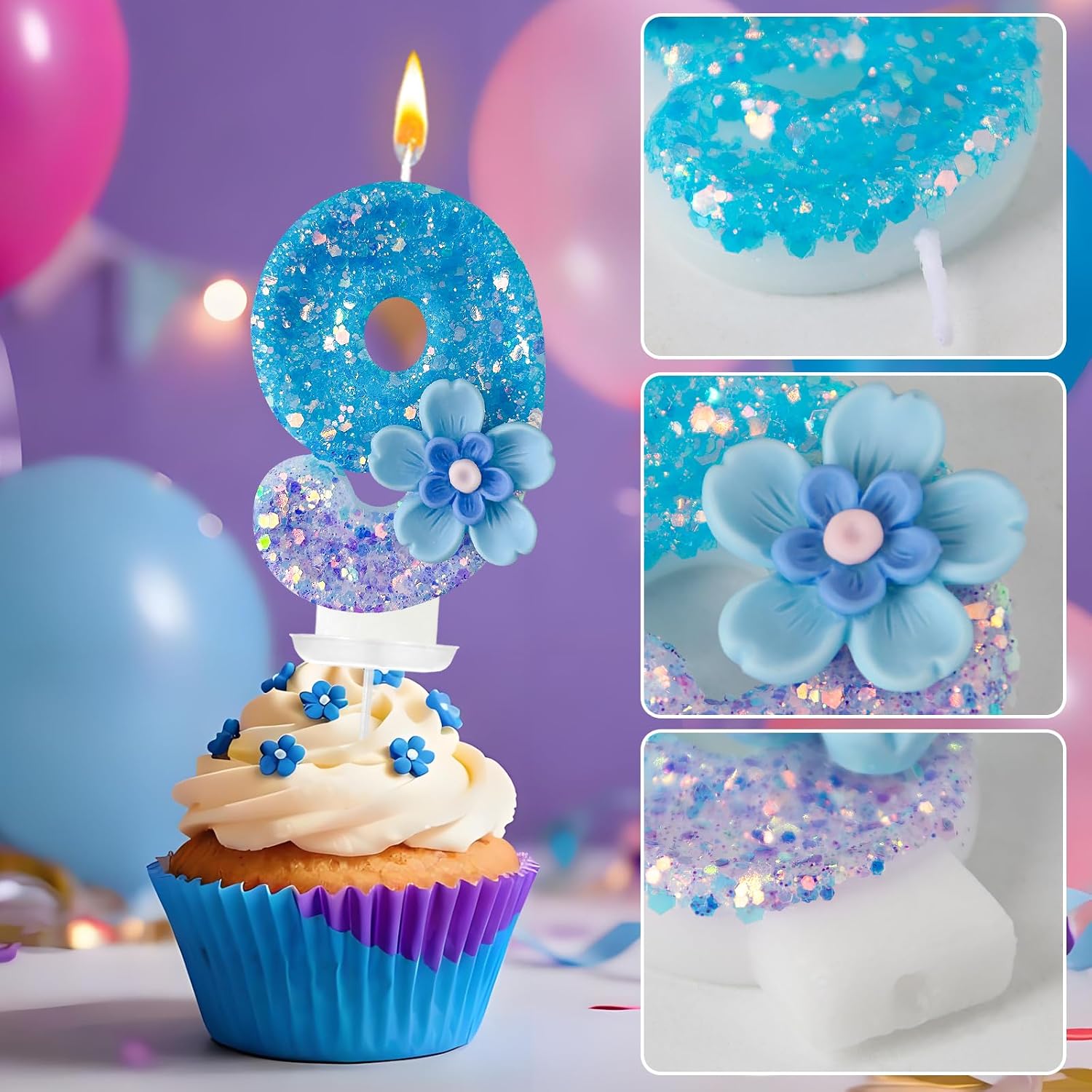Blue Purple Flower Birthday Number Candles, Flower Theme Party Decorations, Cupcake Decorations, Suitable for Party Celebrations, Boys and Girls Birthday Decorations（9） (Number 9)