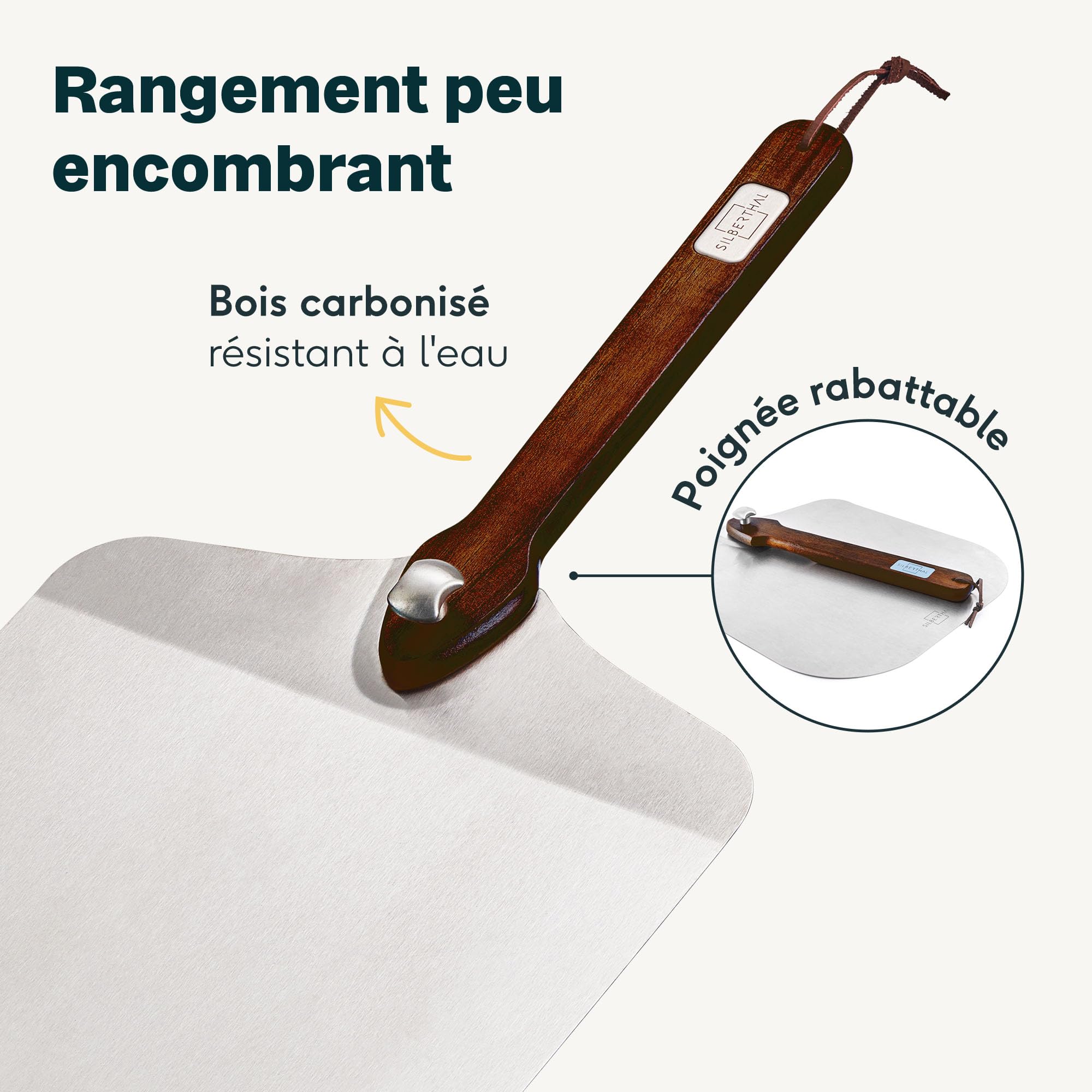 SILBERTHAL Set pierre à pizza 4 pièces – Pelle à pizza en acier inoxydable avec pierre à pizza, roulette à pizza 32 cm & planche de service
