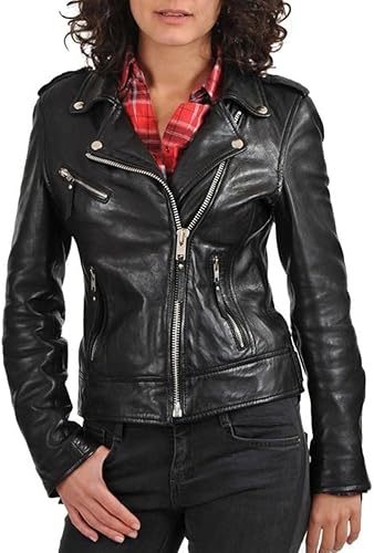 Vista 2 de World of Leather Chaqueta de cuero de cordero para mujer Racer Classic, Negro