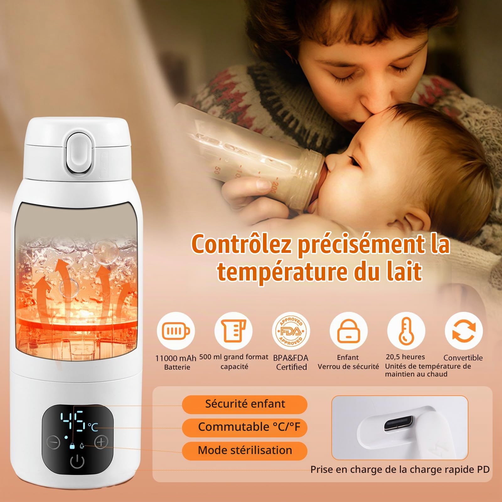 Chauffe Biberon Portable sans fil 500ML, Chauffe Biberon de Voiture Température Réglable de 37°C a 70°C, Réchauffement Rapide et Contrôle Précis de la Température, Rechargeable Chauffe eau pour Bebe