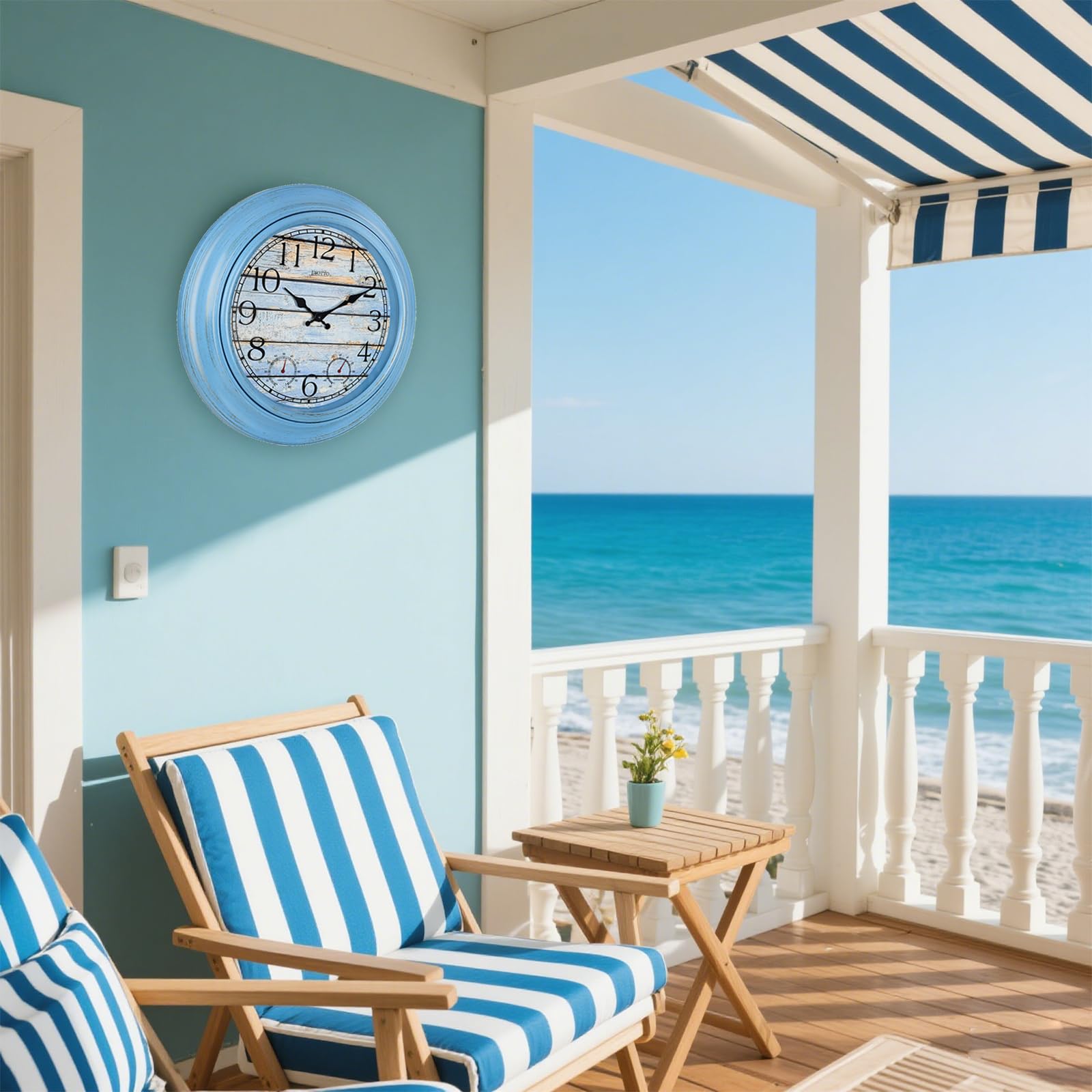 eYotto Grande horloge murale étanche de 46 cm avec thermomètre/hygromètre pour intérieur/extérieur, à piles et silencieuse, pour terrasse, piscine, jardin, salle de bain, maison de plage, bleu
