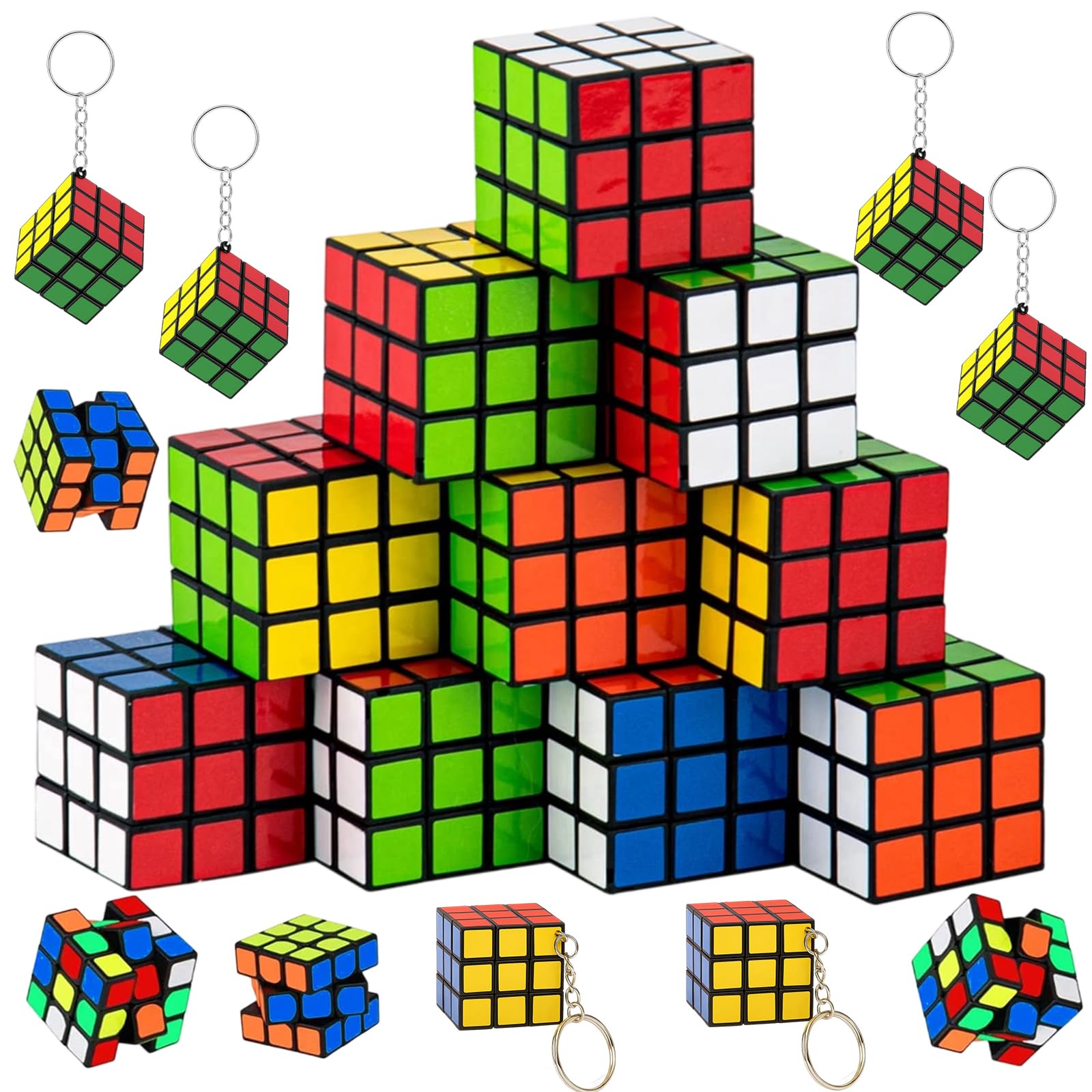 Mini Zauberwürfel Set, 20 Stück 3x3 Rubiks Cube, Stressabbau Konzentrationshilfe, Metall Schlüsselring für Erwachsene, Langlebige ABS Konstruktion