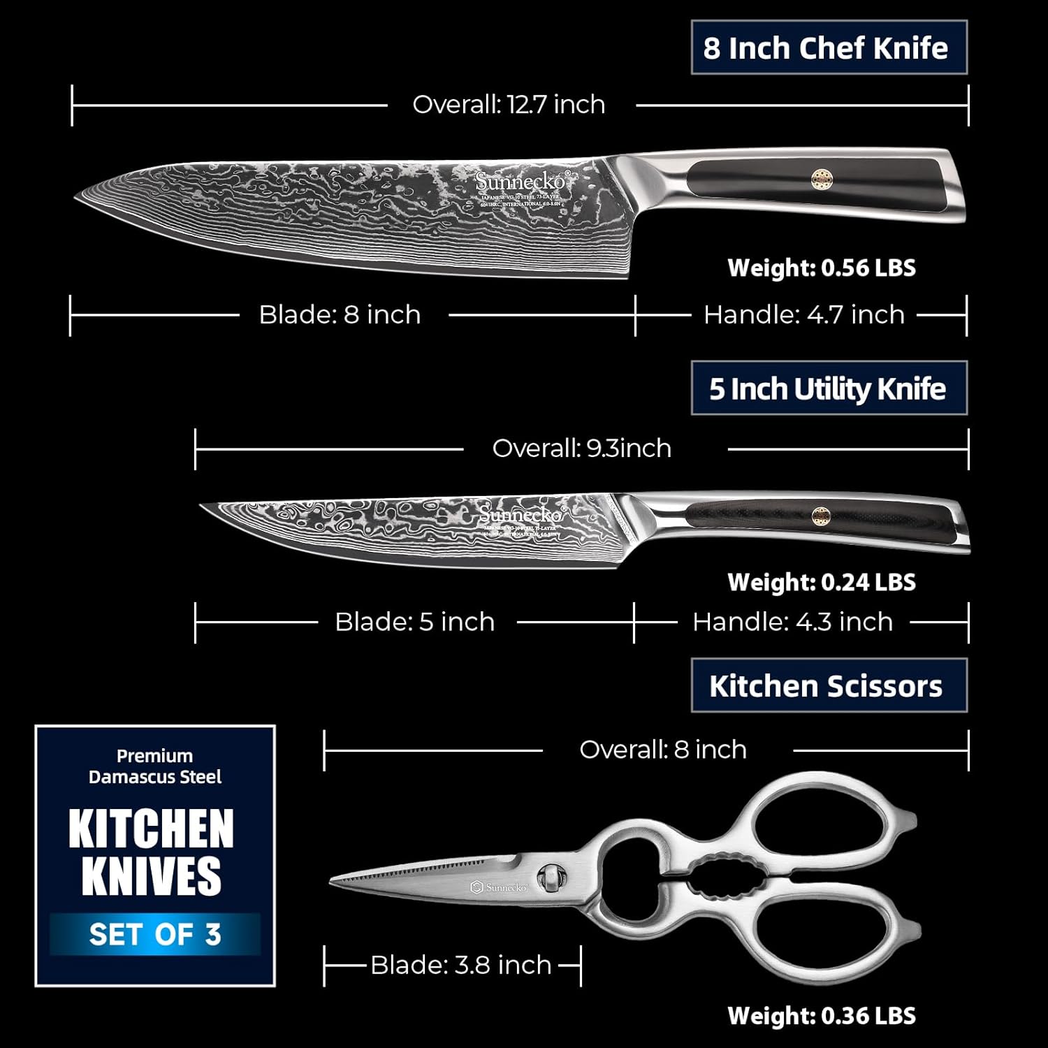 Sunnecko Damascus Kitchen Knife Set 3 Piece, Sharp Chef Knife Set with Kitchen Scissors, Professional Kitchen Knives Sets Full Tang with Gift Box