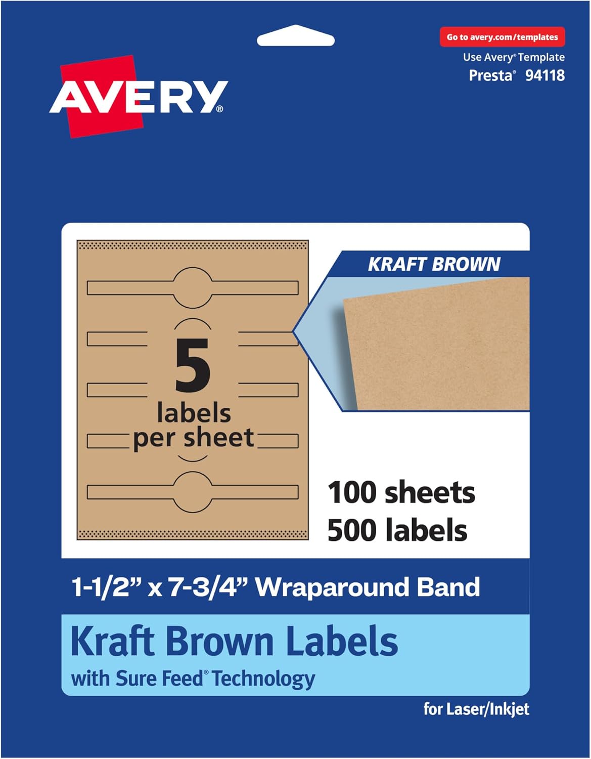 Avery Kraft Brown Wraparound Band Labels, Sure Feed Technology, 1.5" x 7.75", Cigar Band Labels, 500 Total, Print-to-The-Edge, Laser/Inkjet Printable