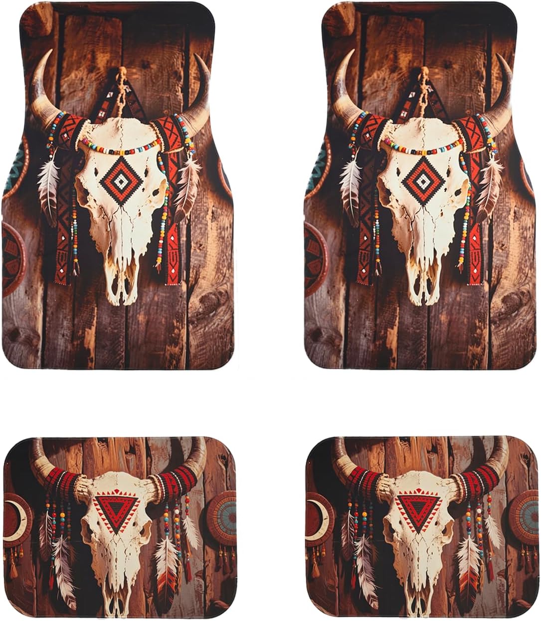 Luxury Boho Car Floor Mats Full Set | Car Decor for Women Men | Tribal Native American Vintage Bohemian Pattern | Heavy Duty All-Weather Universal Rubber Liners | Non-Slip & Odor-Fre