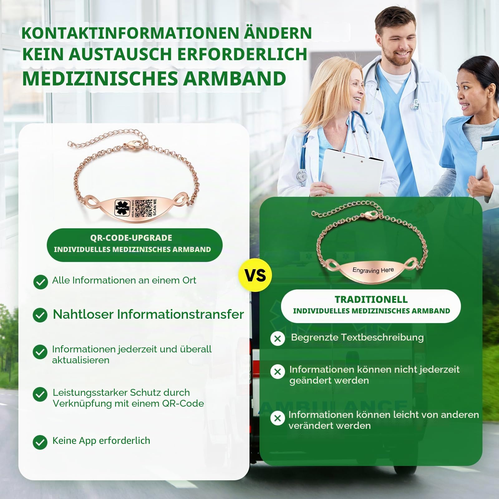Verbessertes medizinisches Armband für Männer und Frauen mit QR-Code, medizinische Notfall-ID-Armbänder – Titan-Stahl-Armband passt Handgelenken von 20,3 - 25,4 cm – mehr Platz