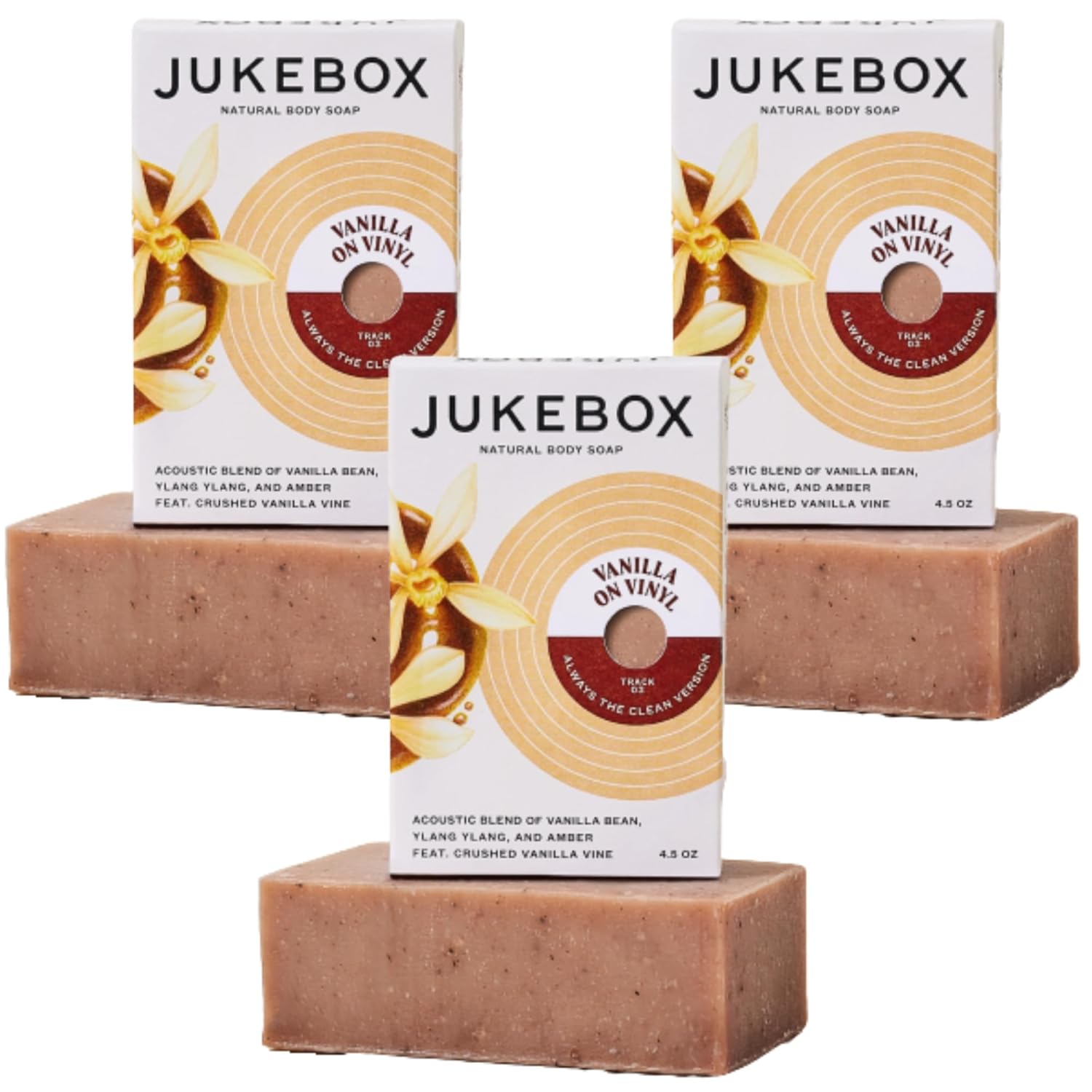 JUKEBOX Soap, Vanilla on Vinyl-Natural Bar Soap for Women,Cold Process,Light Scrub, Bath Soap,No Harmful Ingredients,All Skin Types,Vanilla Bean,Ylang Ylang,Amber-A Dr. Squatch Brand-4.5oz, 3 Pack