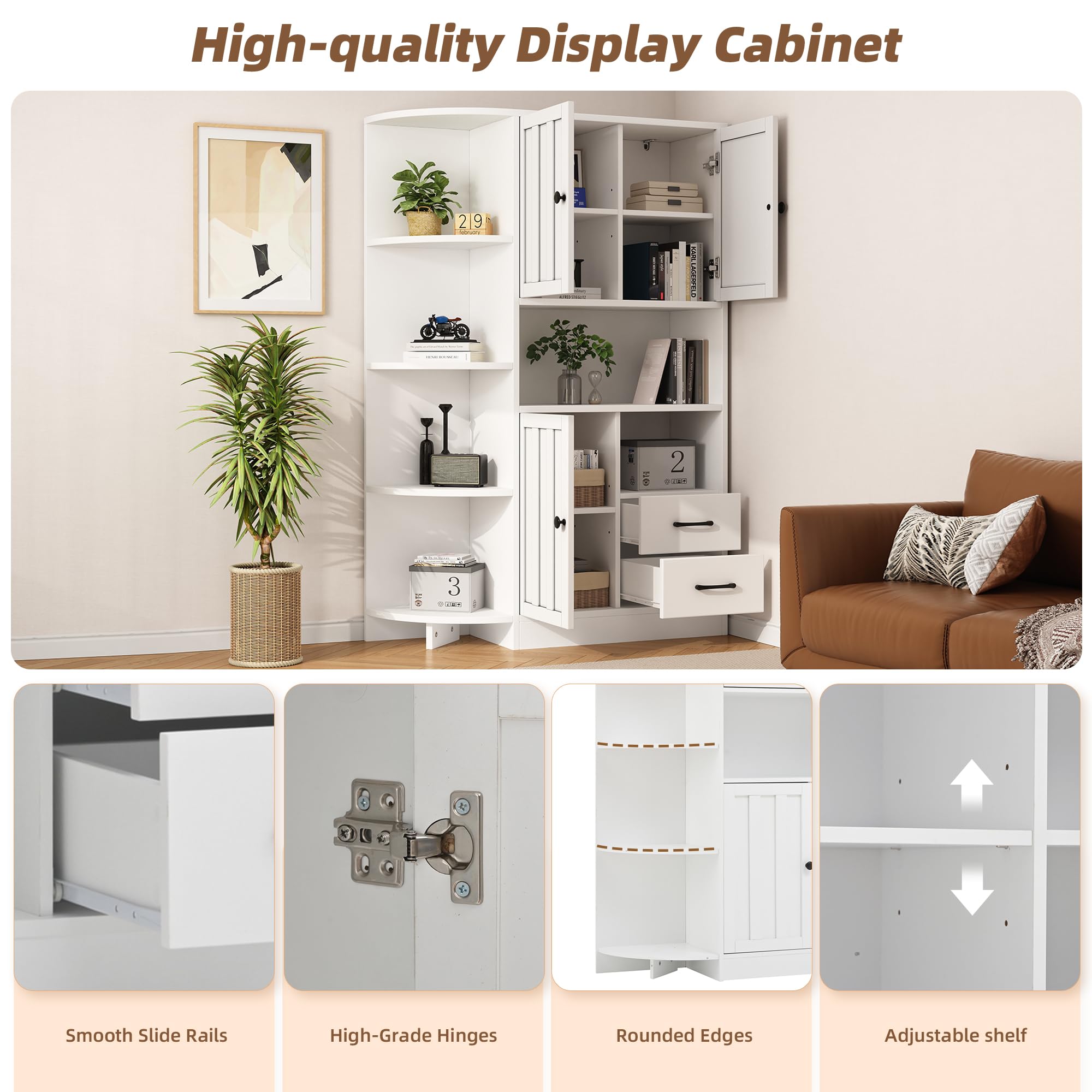 104x35x155cm Eckkleiderschränke, Wohnzimmervitrine mWohnzimmer-Bücherregale, Hochschränke und highboard mit insgesamt 14 Lagerbereichen,Weiß