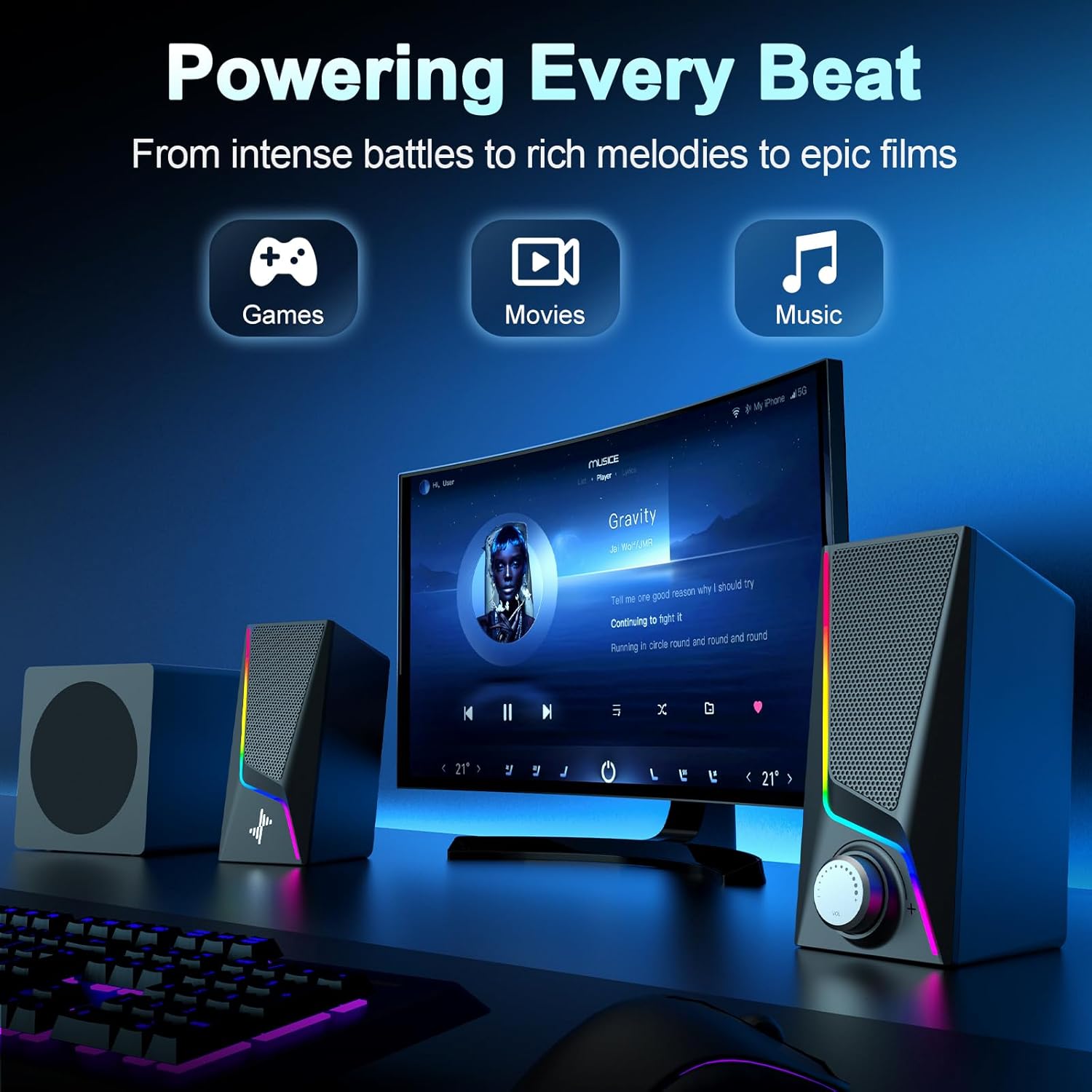 Nylavee Computer Speakers with Subwoofer, 2.1 PC Speakers System with 8 Lighting Modes, 60W Peak Power, AC Adapter Powered, Bluetooth 5.4, USB/USB-C and 3.5mm Aux in for Desktop, Monitor, Gaming