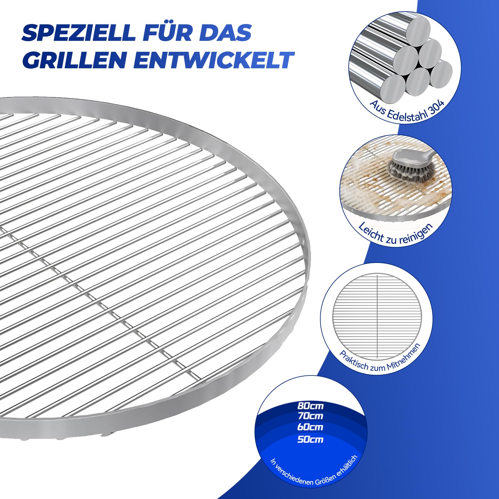 Edelstahl Grillrost Rund 60 cm 304 mit Aufhängungsbohrungen für Weber Kugelgrill 57cm