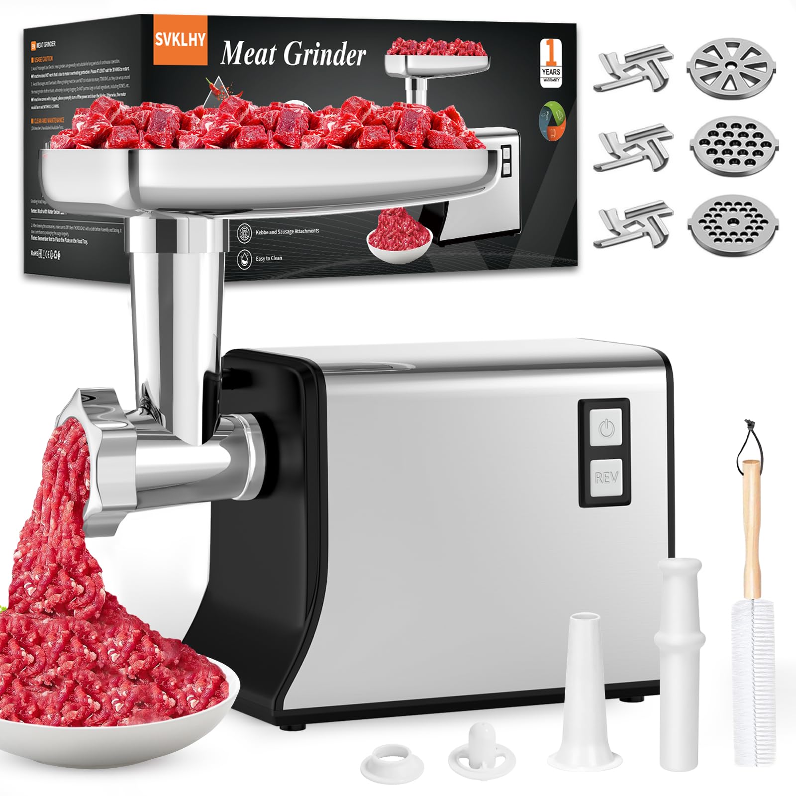 Meat Grinder: [3500W Advanced Motor] [Ultra-Intelligent Thermal Protection] Upgraded Electric Meat Grinder with 6 PCS Stainless Steel Blades&Grinding Plates, Sausage Stuffer Tubes&Kubbe (Black N8)
