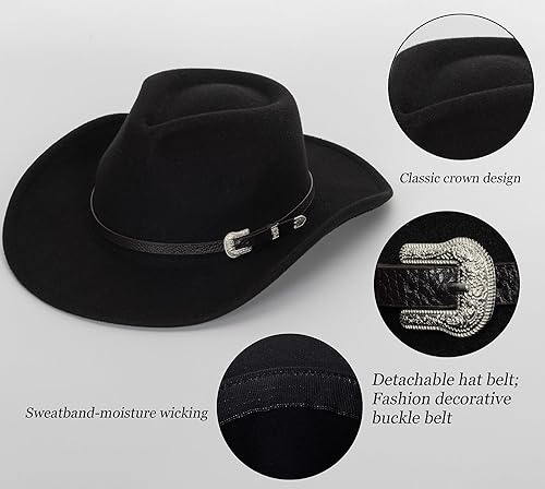 Miniatura 2 de Sombrero clásico de vaquero y vaquera de fieltro occidental negro para mujeres y hombres - Decoración con cinturón occidental Bukle