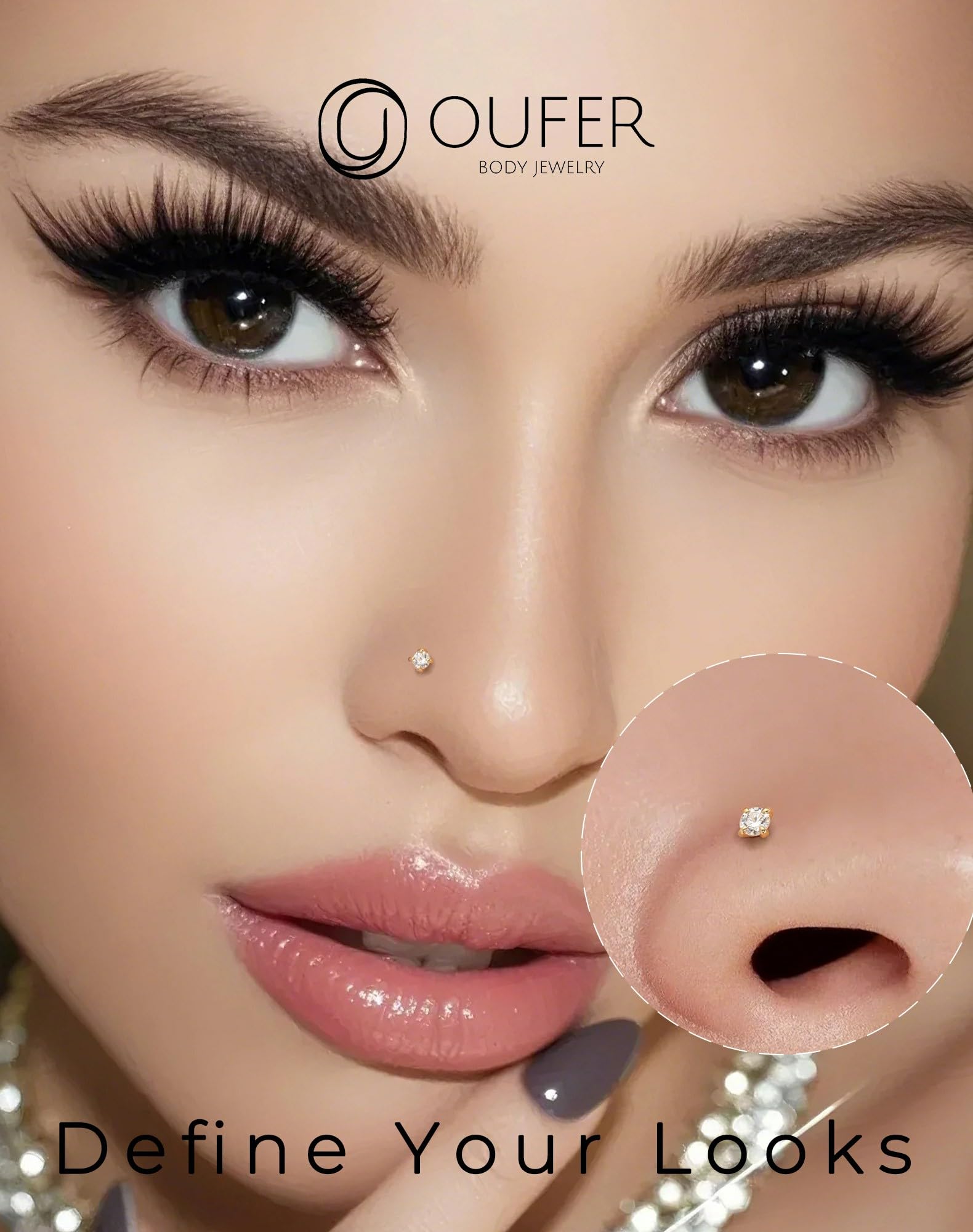 OUFER Body Piercing Nose Stud 14K Gold Nose Bar Clear 1.5/2/2.5/3mm CZ Nose Rings Bone Studs 22G Nostril Piercings Tiny Nose Piercing Jewelry for Women Men