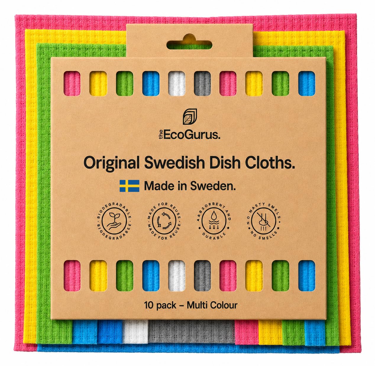 The Ecogurus Multi-Coloured 10 Pack Odour-Resistant Reusable Cleaning Cloths | Original Swedish Dishcloth | Made In Sweden | Suitable For All Surfaces | Biodegradable Cellulose Sponge | Kitchen & Bathroom |