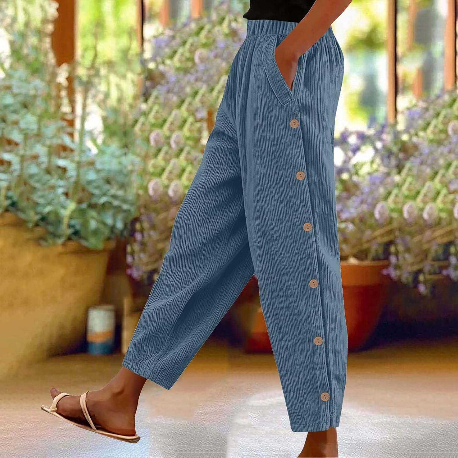 Womens Corduroy Pants Casual Elastic High Waist Straight Leg Button Down Loose Fit Lounge Comfy Trouser with Pockets