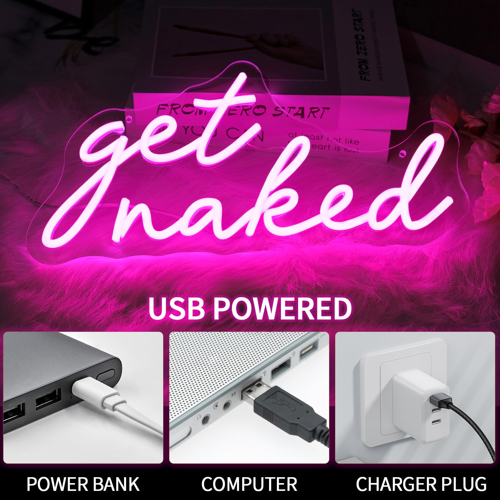 Letrero de neón con frase "Get Naked" para decoración de pared, luces LED regulables, letreros LED rosa, para decoración de dormitorio, letras, luces de neón, decoración de habitación para bar