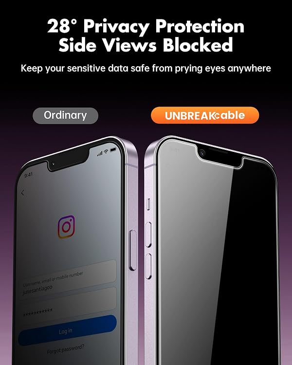 UNBREAKcable 4PCS Screen Protector for iPhone 14-2 Privacy Tempered Glass+2 Clear Glass Double Shatterproof [Easy Installation Frame] [9H Hardness] [Case Friendly] Anti-Scratch for iPhone 6.1 inch by UNBREAKcable - Used condition - Image 4