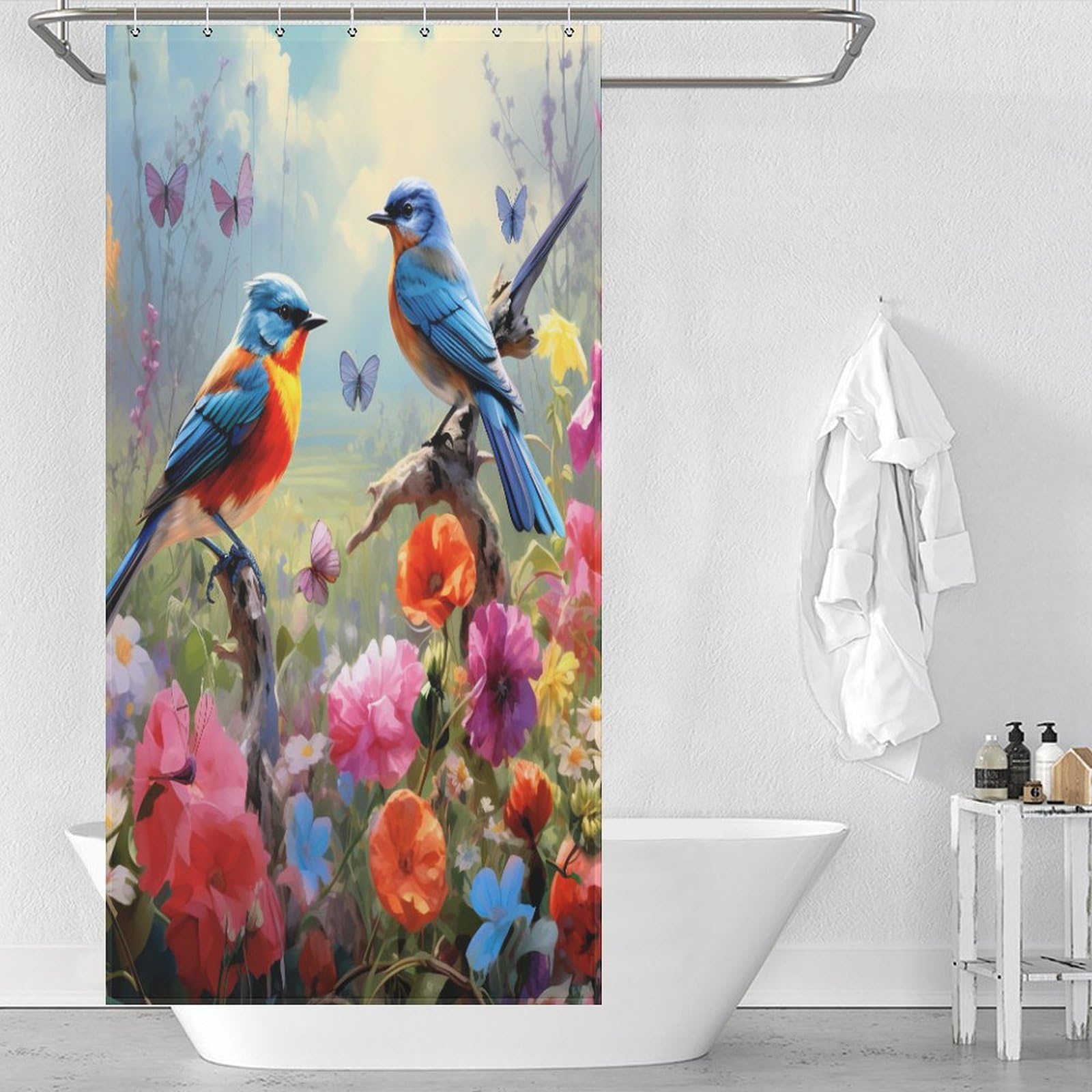 Rideau douche tissu polyester imperméable motif oiseau lavable avec 12 crochets