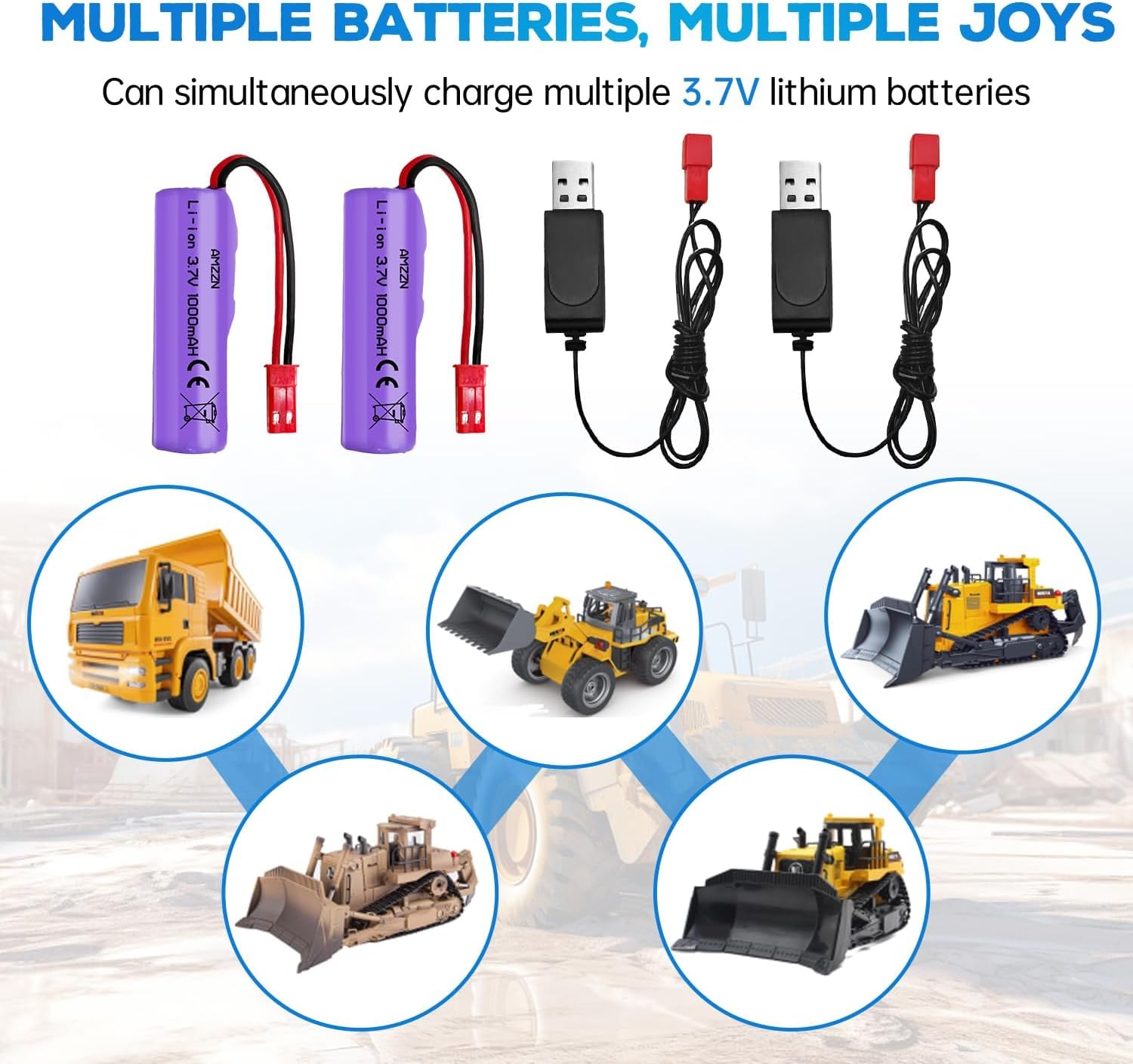 YUNIQUE GREEN-CLEAN-POWER 2 baterie litowo-jonowe 3,7 V 1000 mAh ze złączem JST-2P + ładowarka USB - kompatybilne z Huina 1337 1338 1516 1517 RC pojazdy budowlane