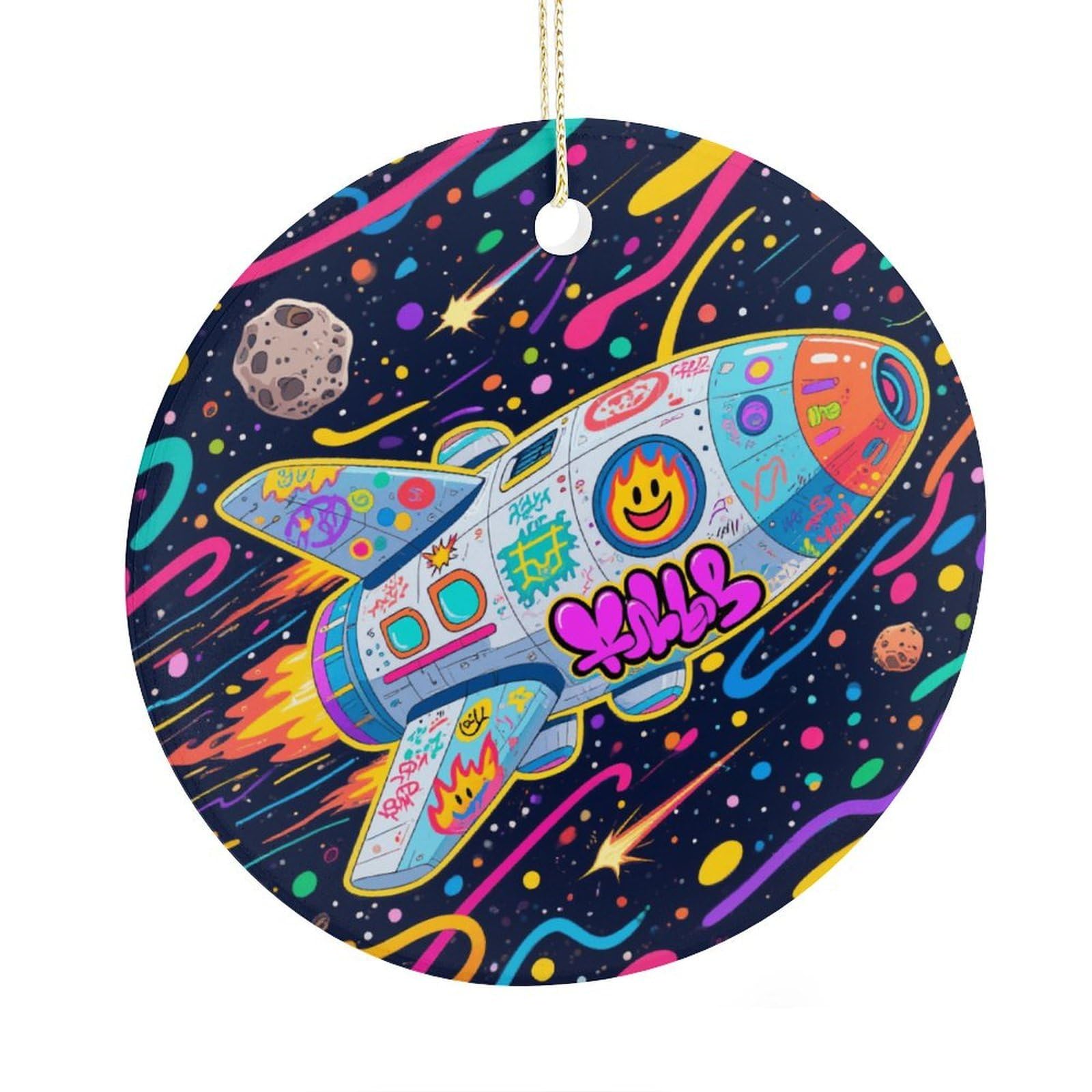 Fekiloot Style Graffiti Spaceship Christmas Ornaments 2.9 Inch Round Ceramic Ornament Keepsake Thank You Gifts For Office, Room, Home - Holiday Present Ideas