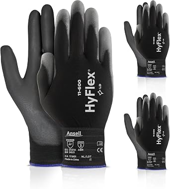Ansell HYFLEX 11-600 Light Duty Nylon Industrial Gloves w/Palm Coating for Metal Fabrication, Automotive - XXL 11, Black 3 Pairs