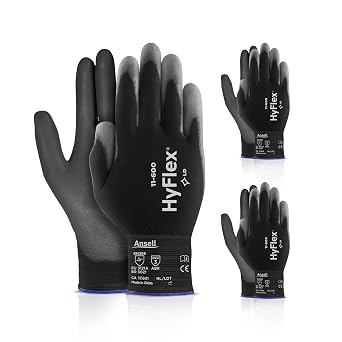 Ansell HYFLEX 11-600 Light Duty Nylon Industrial Gloves w/Palm Coating for Metal Fabrication, Automotive - XL 10, Black 3 Pairs