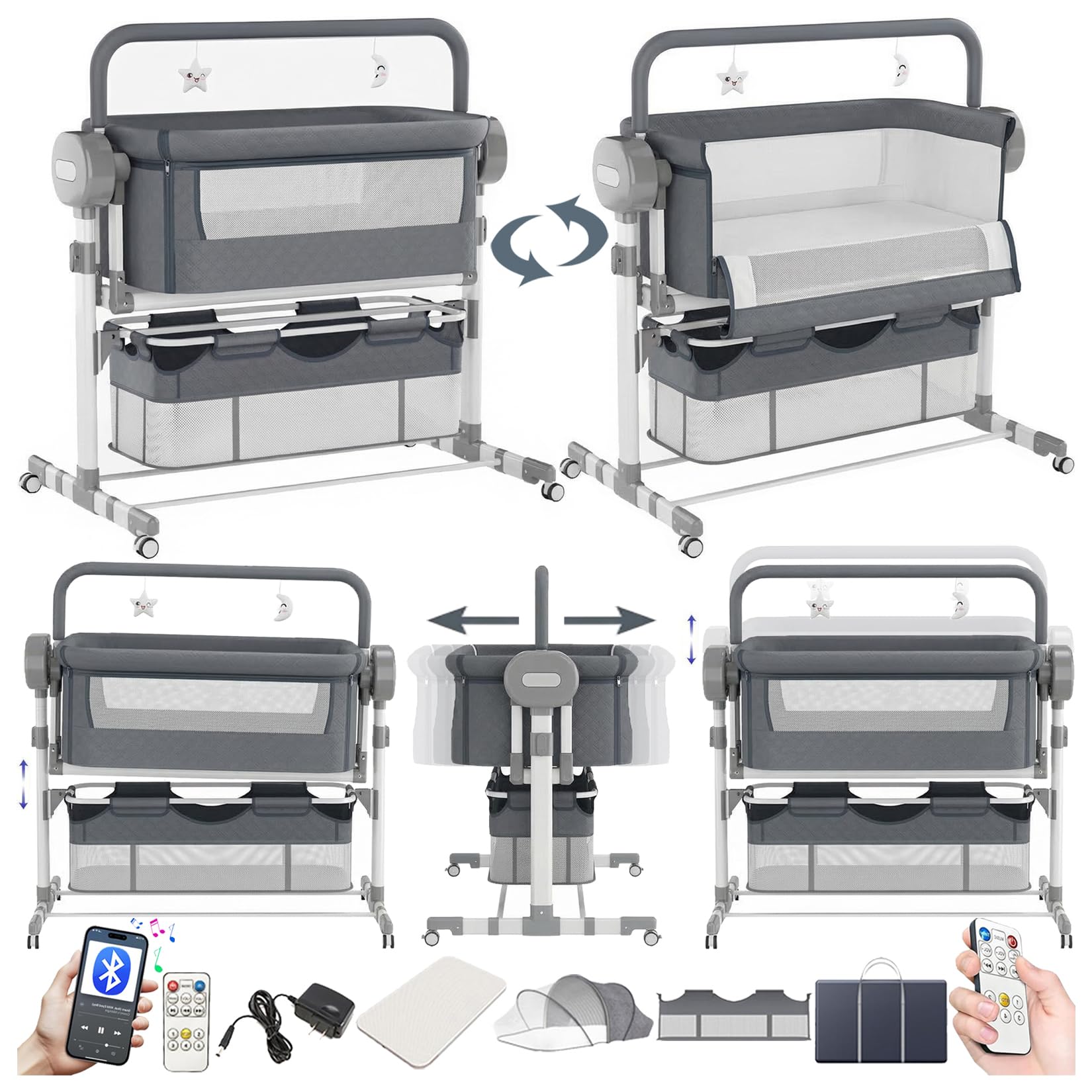 Magic ZC Elettrico Bluetooth Intelligente Culla Neonato Next to me, Pieghevole Neonato Fianco Letto con Musica, Convertibile Culla Co-sleeping, Telecomando e 5 Ingranaggi Oscillanti (608 Grey)
