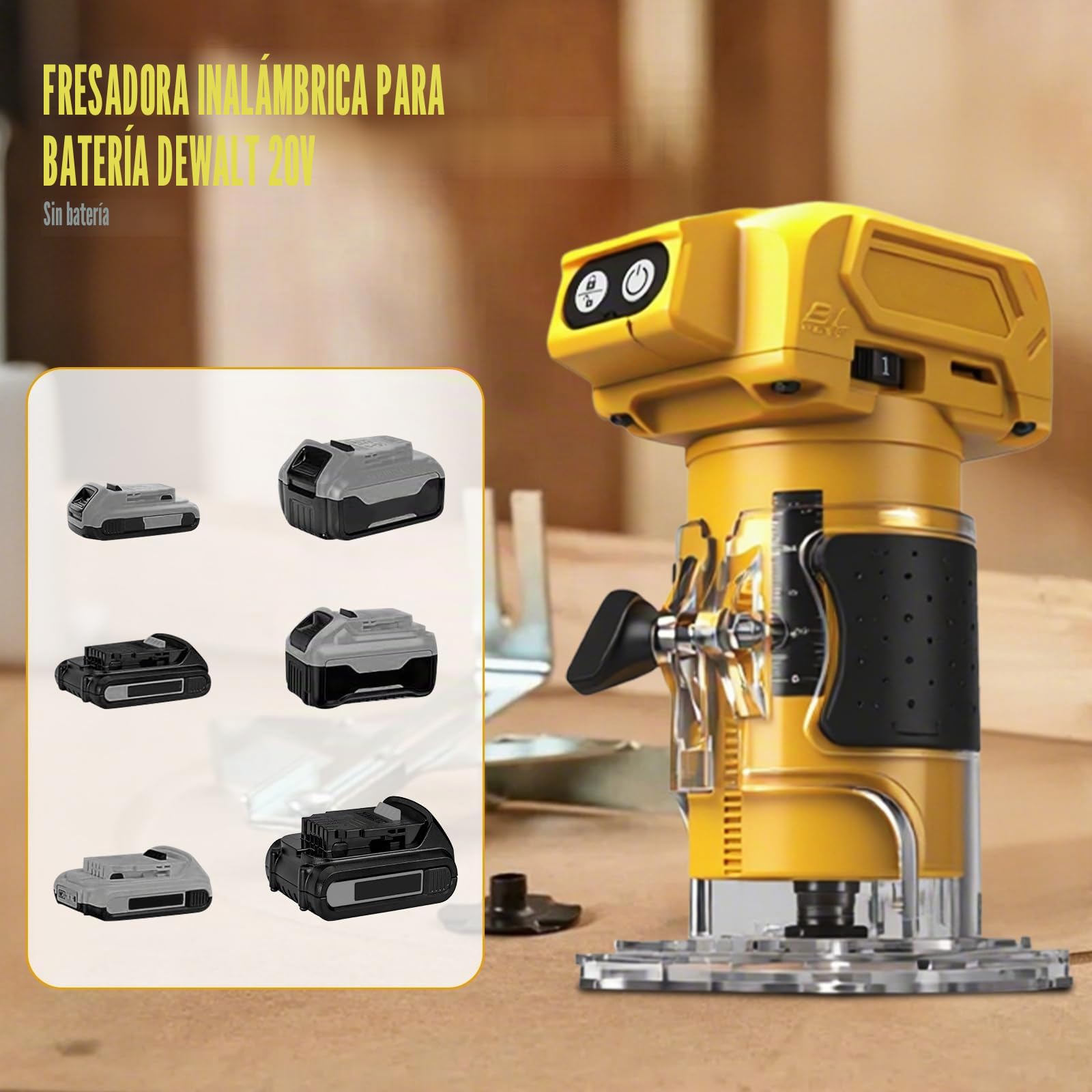 Fresadora Inalámbrica 5 Velocidades para Dewalt 20V (sin Batería) | 800W, Recortadora de Madera sin Escobillas, 10000–30000 rpm, Guía Recta, 15 Brocas, Router Manual