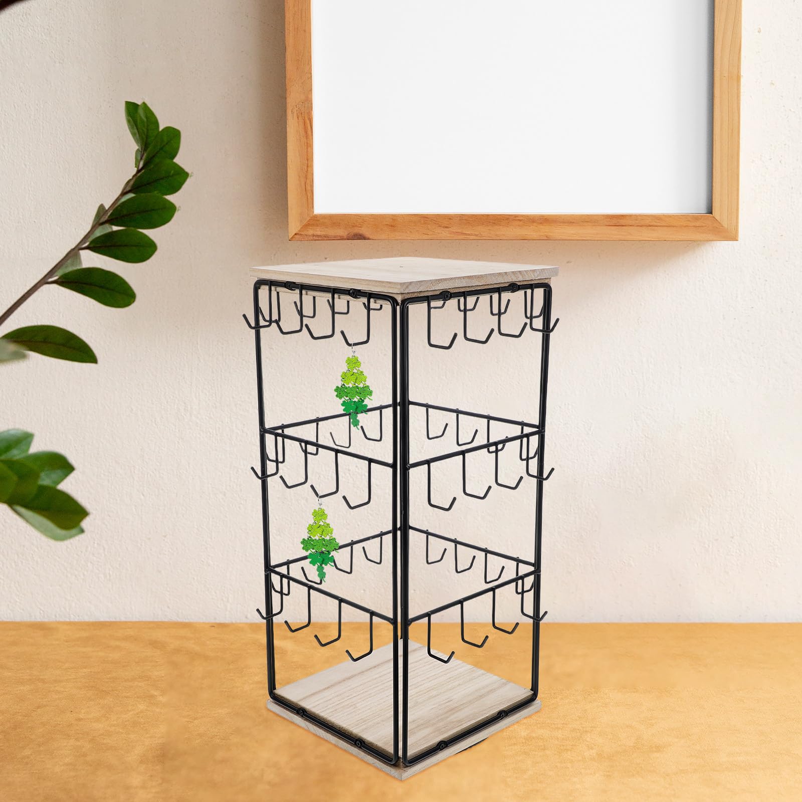 SHINEOFI Espositore per Orecchini in Legno Naturale 360° Girevole con Ganci Porta Gioielli Multiuso Compatto per Casa e Negozio