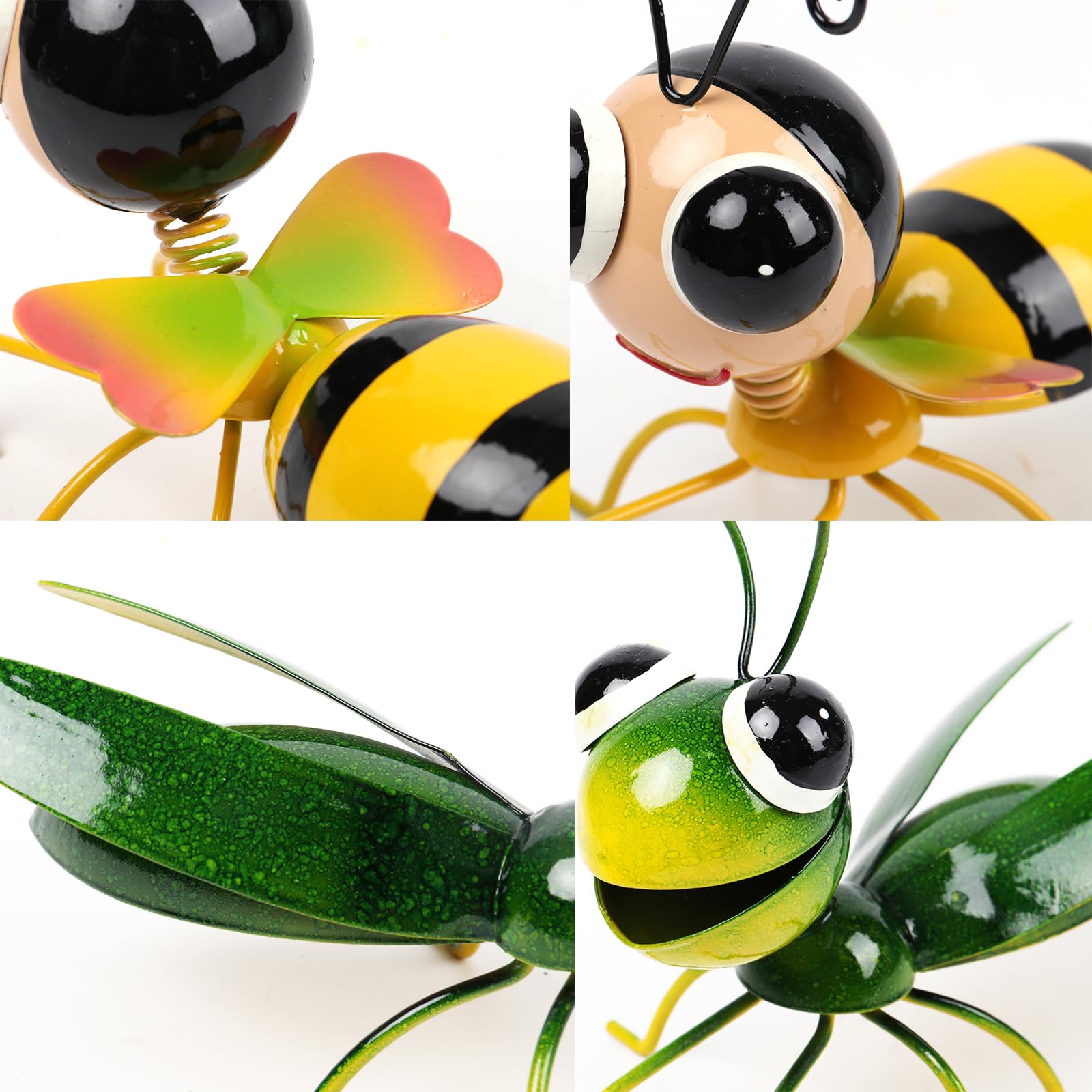 Cruis Cuka Metal Yard Art Garden Decor Cute Grasshopper & Bee Lawn Ornament Backyard Decorations ​Animal Hanging Flower Pot and Vase Hugger - Set of 4