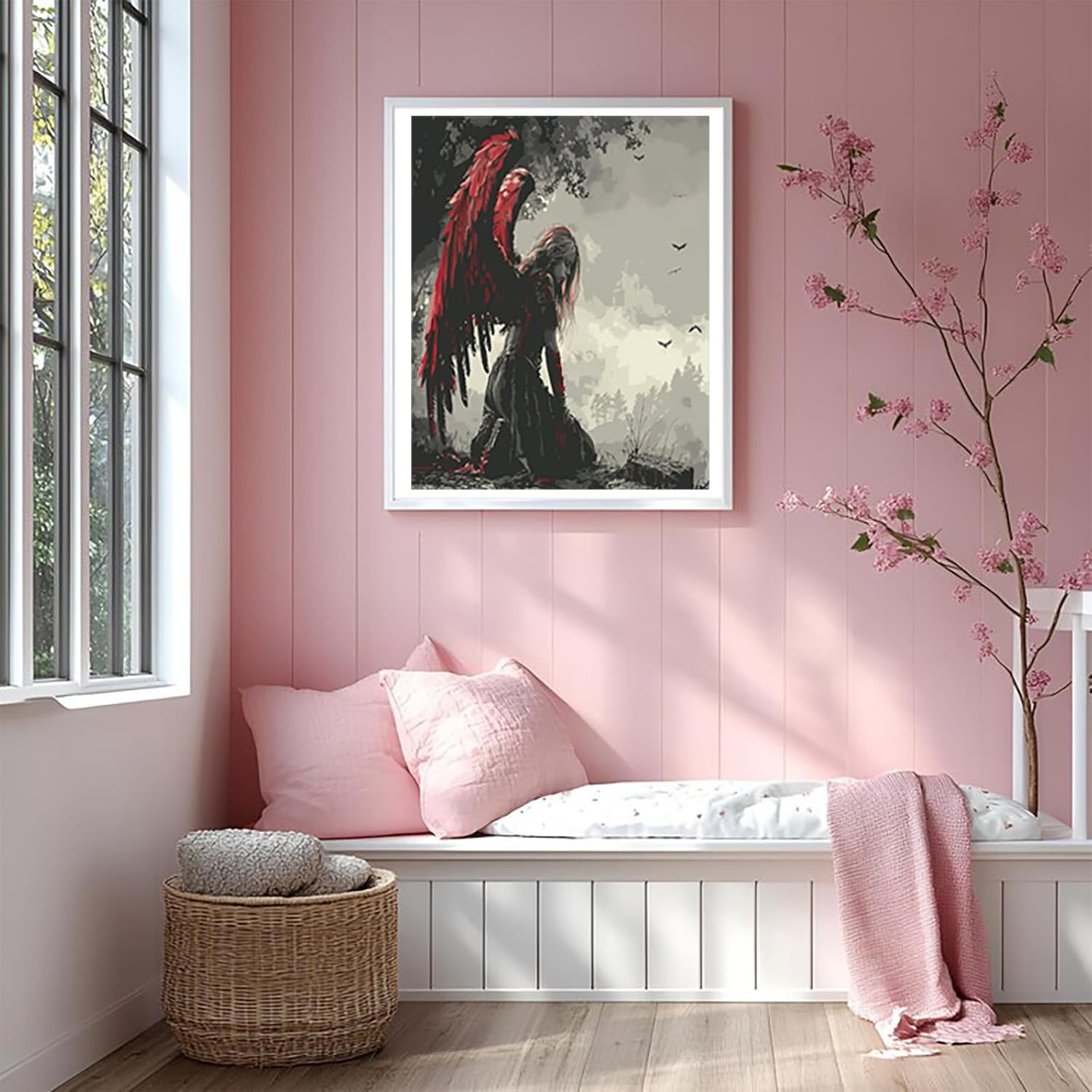 XTXGERL Paint by Numbers Kit Red Wings Fallen Angel for Adults on Canvas with Brushes Acrylic Pigment DIY Oil Painting for Home Wall Decor (40x50cm/16x20 inch)
