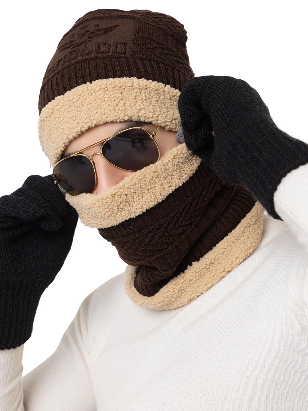 Winter Woolen Unisex Knit Beanie Cap and Neck Warmer Set with Fur Lining | Hat and Scarf Combo Set for Men and Women (Logo)-image-34