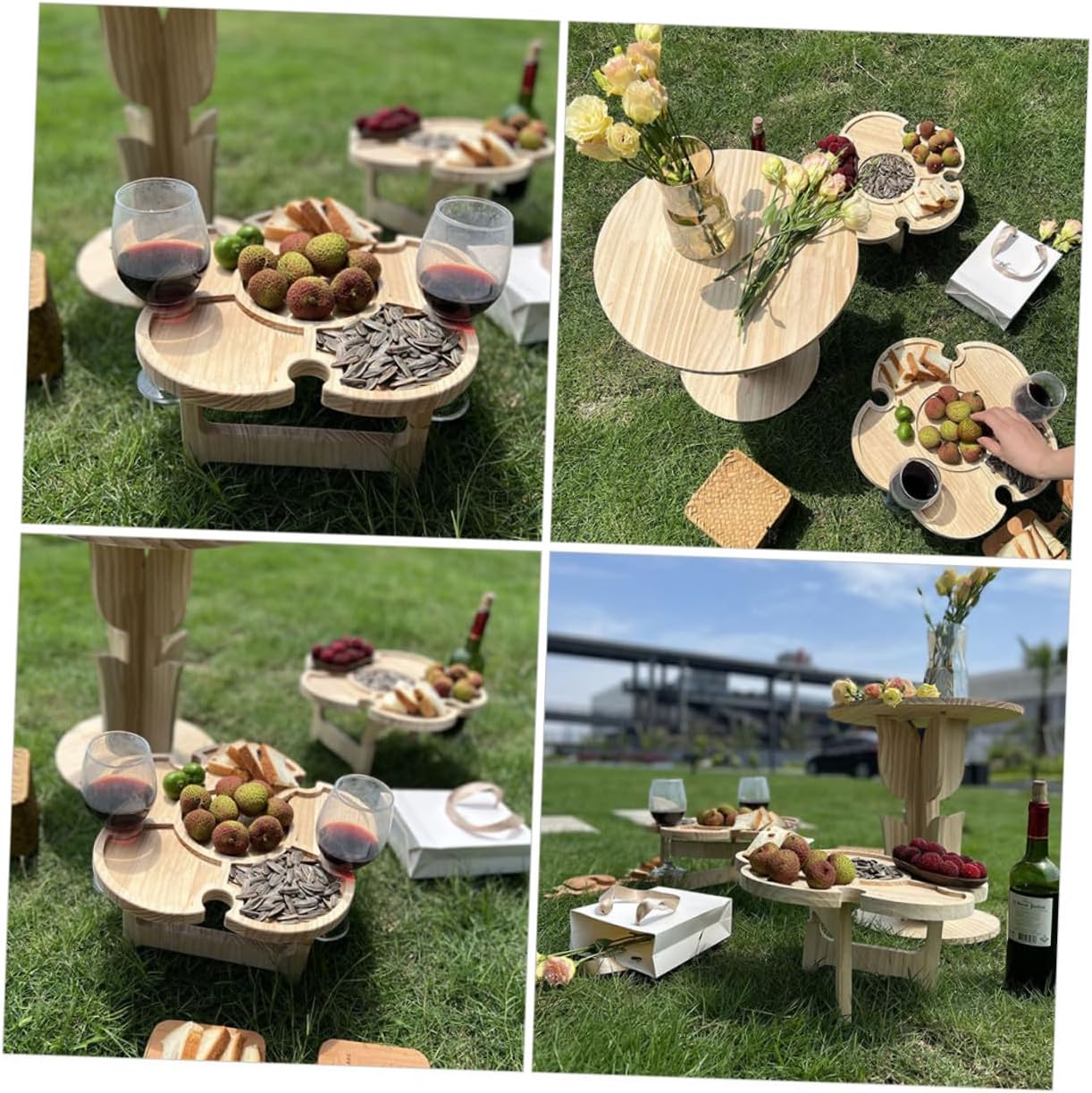 Lurrose Portable Folding Wine Table for Outdoors, 35cm Wooden Petal Shape Picnic Table with Beverage Rack, Beach and Camping Picnic Supplies